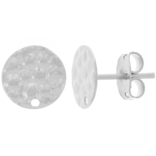 10mm Hammered disc earstuds with hole - Fine silver plating x2