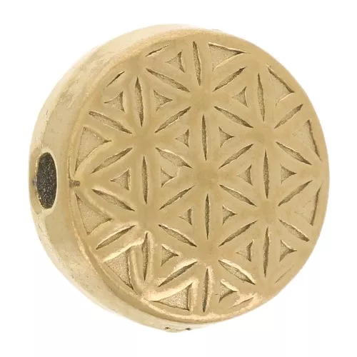 Flat round bead 9.5 mm - Fleur de vie motif - Gold Tone 316L stainless steel x1