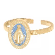 Adjustable Ring with Religious Pattern, Sizes T52–T58, with Epoxy Coating - Gold-Plated 304 Stainless Steel - Blue
