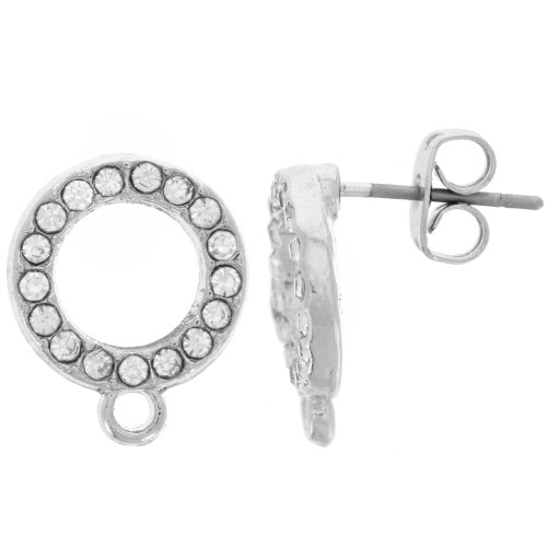 12mm Round earStuds with Rhinestone and Hoop - Rhodium Plated - Crystal x2