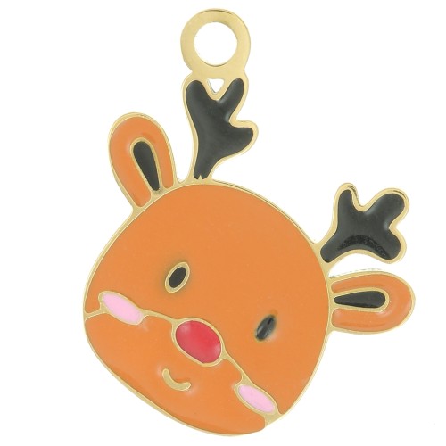 13x15mm Stainless steel 316L Christmas reindeer charm Epoxy resin - Gold -Brown x1