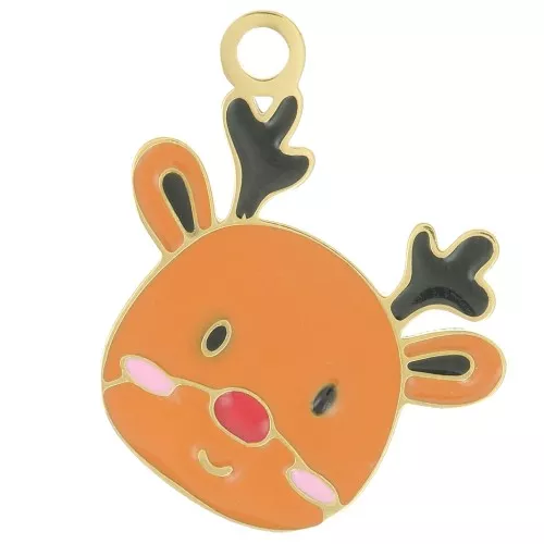 13x15mm Stainless steel 316L Christmas reindeer charm Epoxy resin - Gold -Brown x1