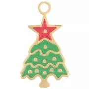 20x12mm 316L Stainless Steel Christmas Tree Charm - Epoxy Resin - Gold - Green x1