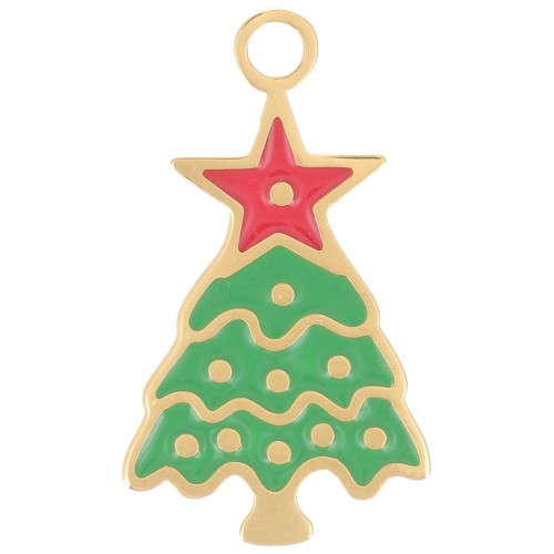 20x12mm 316L Stainless Steel Christmas Tree Charm - Epoxy Resin - Gold - Green x1