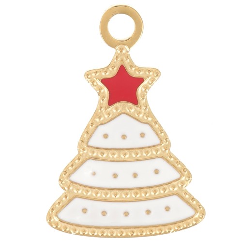 17x12mm Stainless Steel 316L Christmas Tree Charm - Epoxy Resin - Gold - White x1