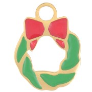 11mm Stainless Steel 316L Christmas Wreath Charm - Epoxy Resin - Gold - Green x1