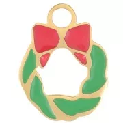 11mm Stainless Steel 316L Christmas Wreath Charm - Epoxy Resin - Gold - Green x1
