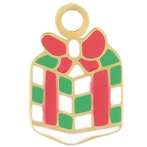 14x9mm Stainless steel 316L Christmas gift charm - Epoxy resin - Gold Tone x1