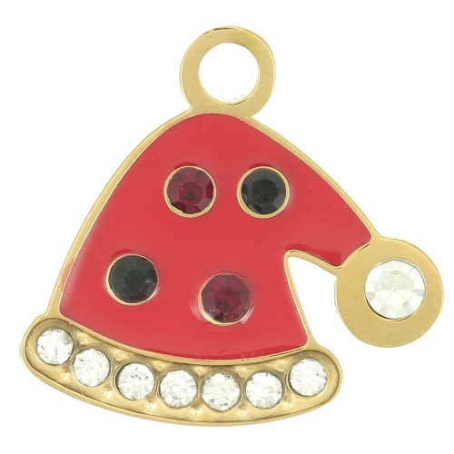 14x15mm Stainless Steel 316L Christmas Hat Charm Epoxy Resin - Gold - Red x1
