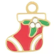 13x11mm 316L stainless steelChristmas stocking charm Epoxy resin - Gold - Red x1