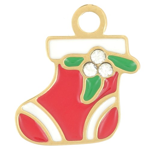 13x11mm 316L stainless steelChristmas stocking charm Epoxy resin - Gold - Red x1