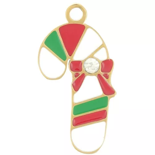 20x10mm St. steel 316L Christmas cane charm Epoxy resin - Gold - Red White x1