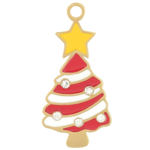 27x13mm 316L stainless steel Christmas tree pendant - Epoxy resin - Gold - Red x1