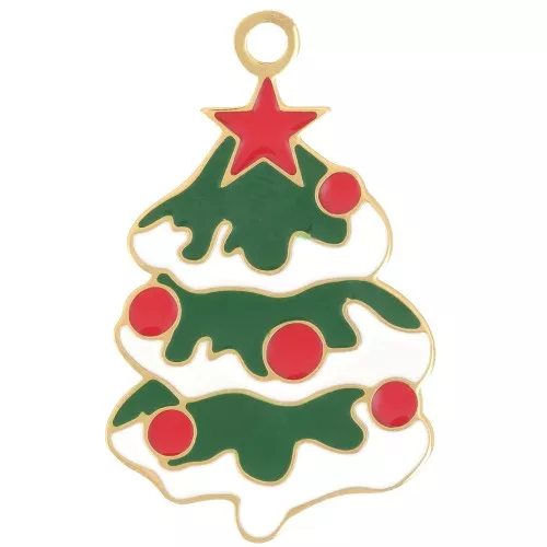 28x17mm 316L st. steel Christmas tree pendant - Epoxy resin - Gold - Green x1