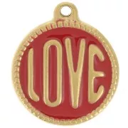 18mm 304L stainless steel round LOVE pendant - Epoxy resin - Gold - Red x1