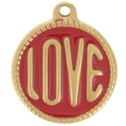 18mm 304L stainless steel round LOVE pendant - Epoxy resin - Gold - Red x1