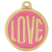 18mm 304L stainless steel round LOVE pendant - Epoxy resin - Gold - Pink x1