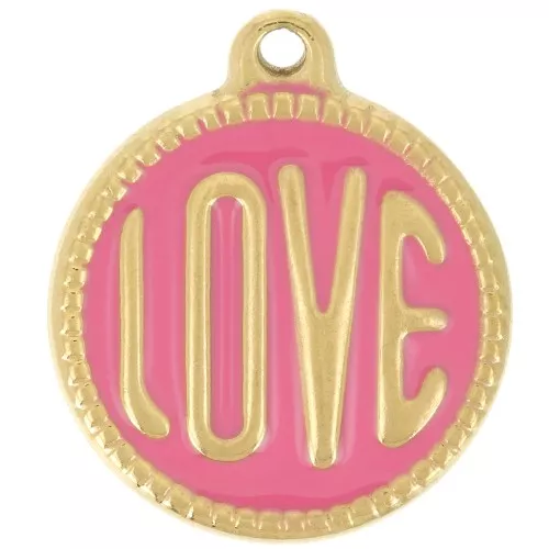 18mm 304L stainless steel round LOVE pendant - Epoxy resin - Gold - Pink x1