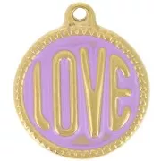 18mm 304L stainless steel round LOVE pendant - Epoxy resin - Gold - Violet x1