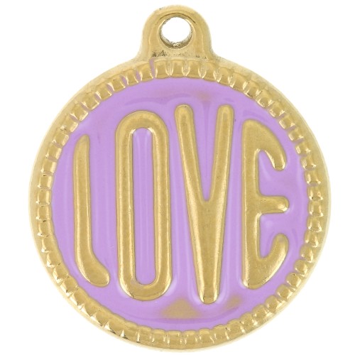 18mm 304L stainless steel round LOVE pendant - Epoxy resin - Gold - Violet x1