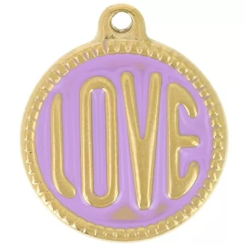 18mm 304L stainless steel round LOVE pendant - Epoxy resin - Gold - Violet x1