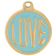 18mm 304L stainless steel round LOVE pendant - Epoxy resin - Gold - Turquoise x1|raw }}