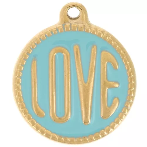 18mm 304L stainless steel round LOVE pendant - Epoxy resin - Gold - Turquoise x1