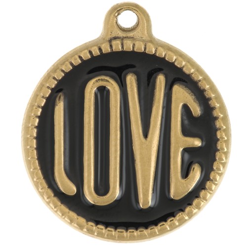 18mm 304L stainless steel round LOVE pendant - Epoxy resin - Gold - Black x1