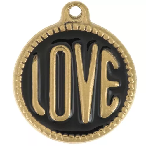 18mm 304L stainless steel round LOVE pendant - Epoxy resin - Gold - Black x1