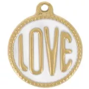 18mm 304L stainless steel round LOVE pendant - Epoxy resin - Gold - White x1