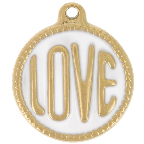 18mm 304L stainless steel round LOVE pendant - Epoxy resin - Gold - White x1