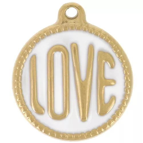 18mm 304L stainless steel round LOVE pendant - Epoxy resin - Gold - White x1