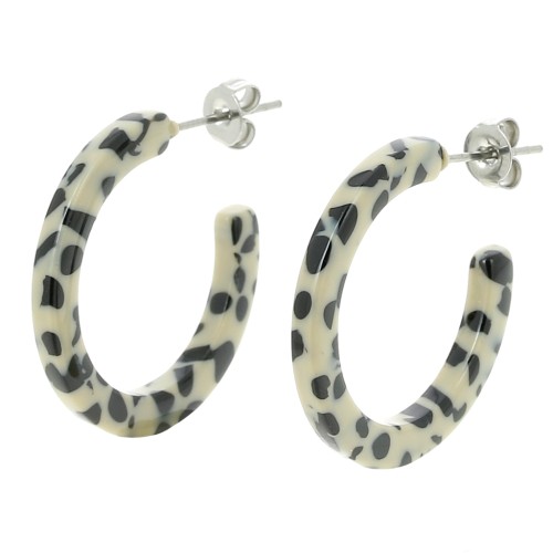 25mm Cellulose acetate hoop earrings - Mottled Black - Beige x2