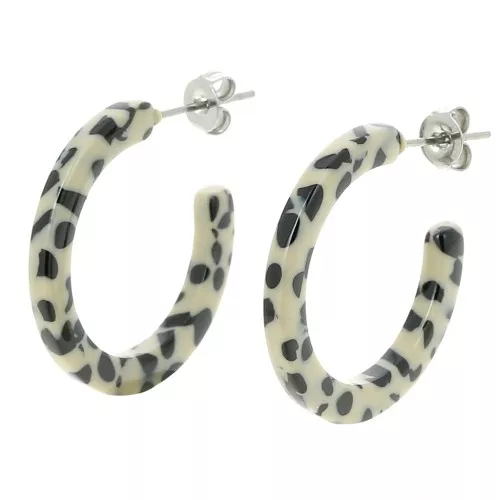 25mm Cellulose acetate hoop earrings - Mottled Black - Beige x2