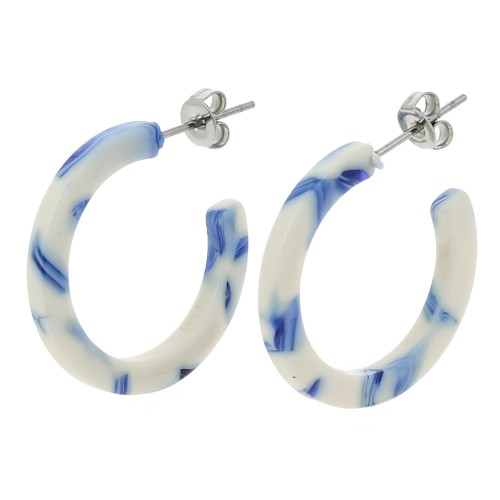 25mm Cellulose acetate hoop earrings - Marbled Blue - White x2