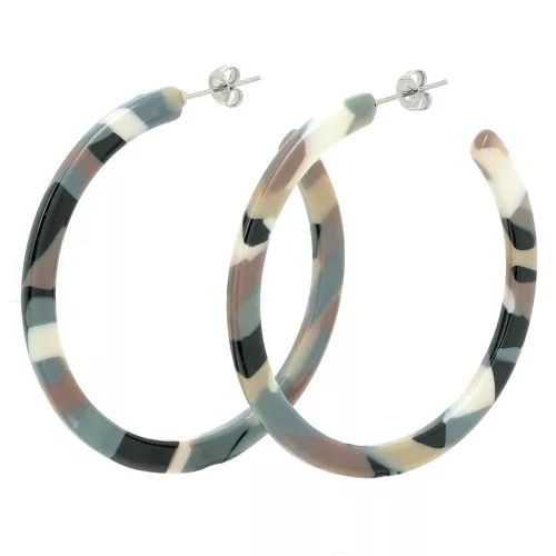 50mm Cellulose acetate hoop earrings - Tortoiseshell Blue grey - Brown x2