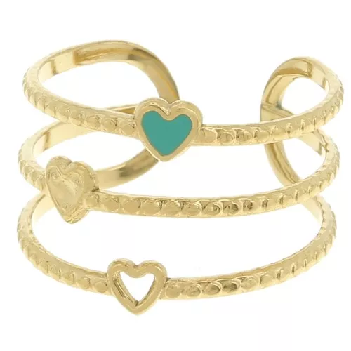 304L stainless steel 3-row heart ring - S53 to S58 - Blue - Gold x1