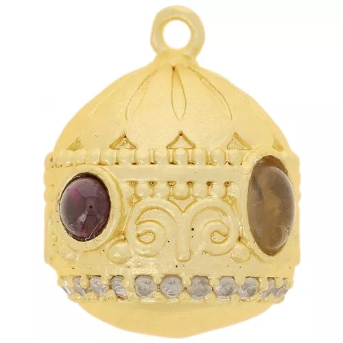 21x16mm Ethnic pendant CZ & gemstone - Fine gold - Garnet - Smoky quartz x1
