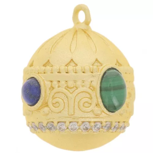 21x16mm Ethnic pendant CZ & gemstone - Fine gold - Malachite - Lapis x1