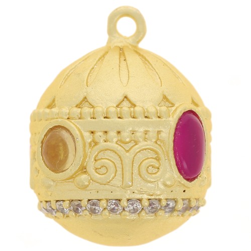 21x16mm Ethnic pendant CZ & gemstone - Fine gold - Citrine - Pink Chalcedony x1