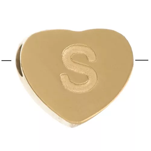 6x7mm Stainless steel 316L heart shape alphabet bead - S - Gold x1