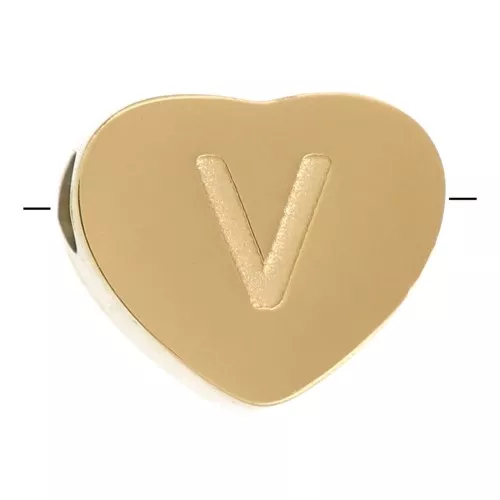 6x7mm Stainless steel 316L heart shape alphabet bead - V - Gold x1