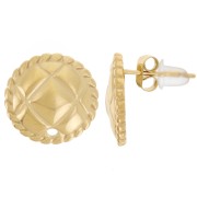 14mm 304L gold stainless steel round stud earrings - Quilted effect - Gold x2