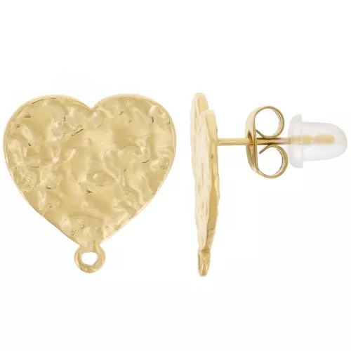 16x15mm 316L stainless steel Hammered Heart EarStuds - Gold x2