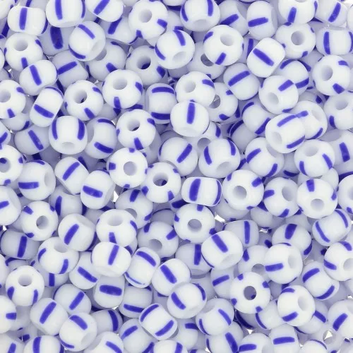 Preciosa Striped Seed Beads, 7/0 - 3.5 mm - White - Blue x20g