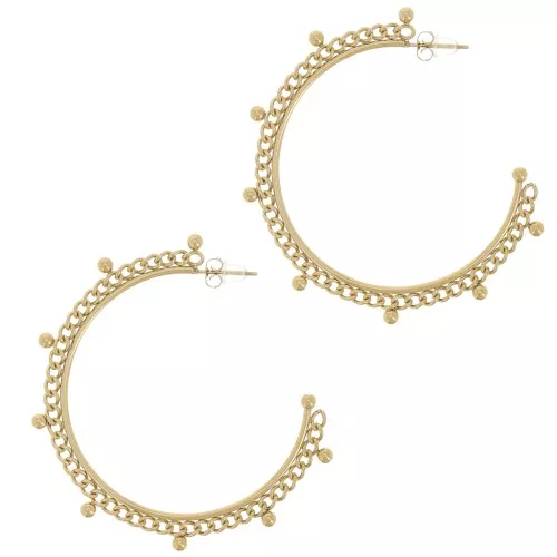 56mm 304L stainless steel Open hoop earrings with chain and small balls - Gold x2