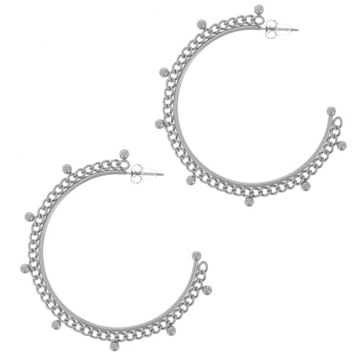 56mm 304L stainless steel Open hoop earrings with chain and small balls x2