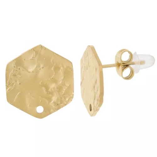 15x14mm 316L stainless steel Hammered Hexagonal EarStuds - Gold x2