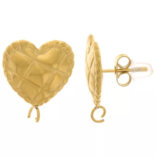 17x14mm 304L stainless steel Heart studs - Quilted effect - Gold x2