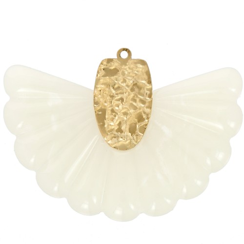 28.5x40mm 316L Stainless Steel and Resin Fan Pendant - Marbled Ecru - Gold x1